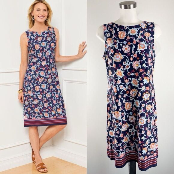 TALBOTS EFFORTLESS JERSEY SHIFT DRESS STITCHED FLORAL Womens Large Petite - Picture 1 of 6